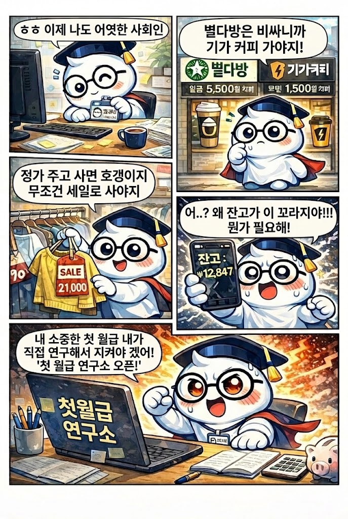 월그비 웹툰 1화 - 첫 취직부터 첫월급 연구소 탄생까지